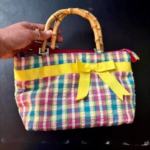 Boutique Y2K Plaid Handbag purse with Yellow Bow and Bamboo Handles